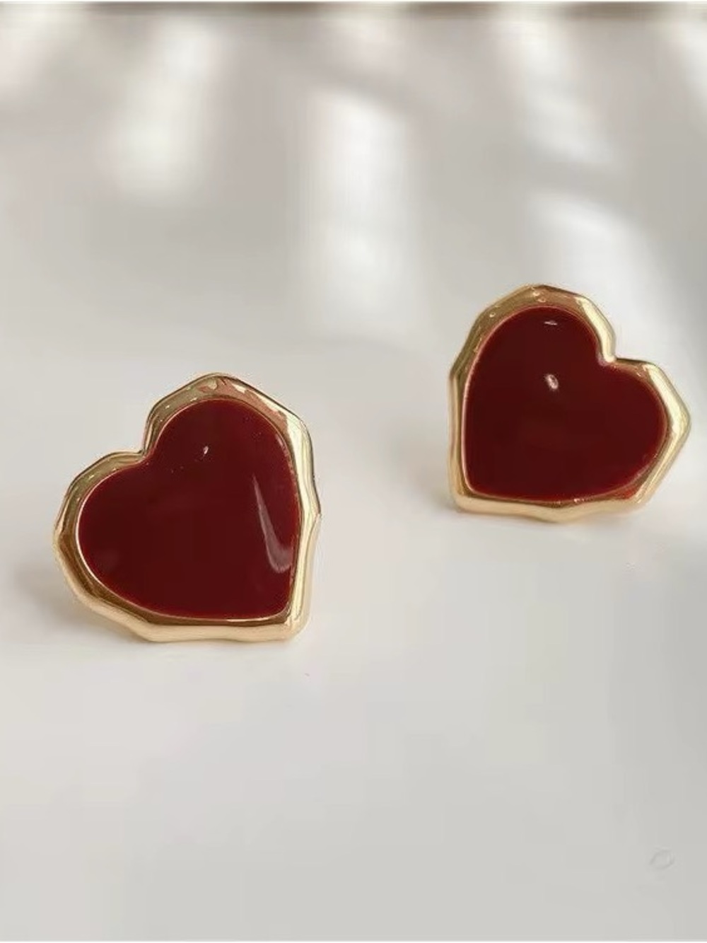 ***Dainty Gold Heart Stud Earrings with Red Enamel